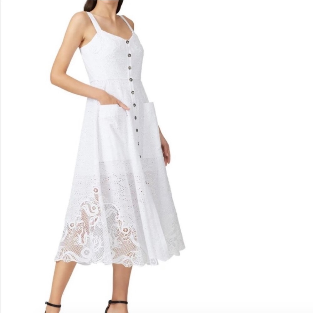 Saloni Eyelet Fara Embroidered Midi Dress Button Down White Women's Size 8